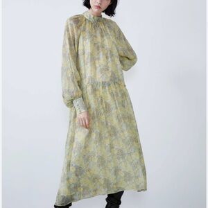 Zara Yellow and Green Floral Long Sleeve Dress